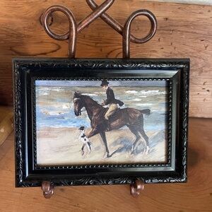SOLD🛑Vintage Style Framed Textured Print of Man on horse w/Dog on Beach